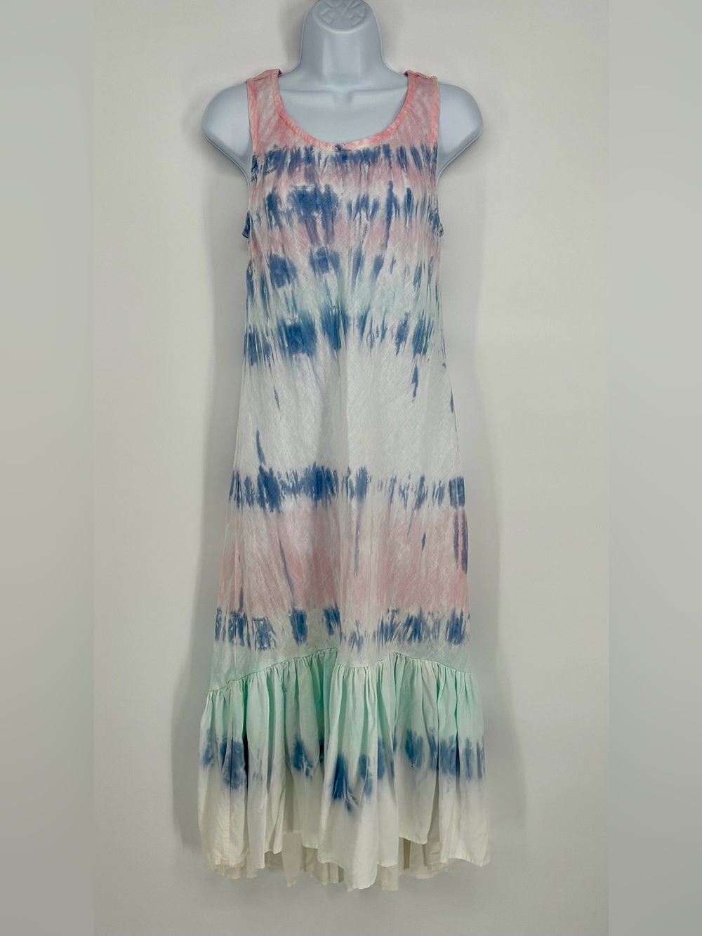 Charlie B Pastel Tie Dye Linen Ruffle Hem Sleeveless Shift Maxi Dress Size S